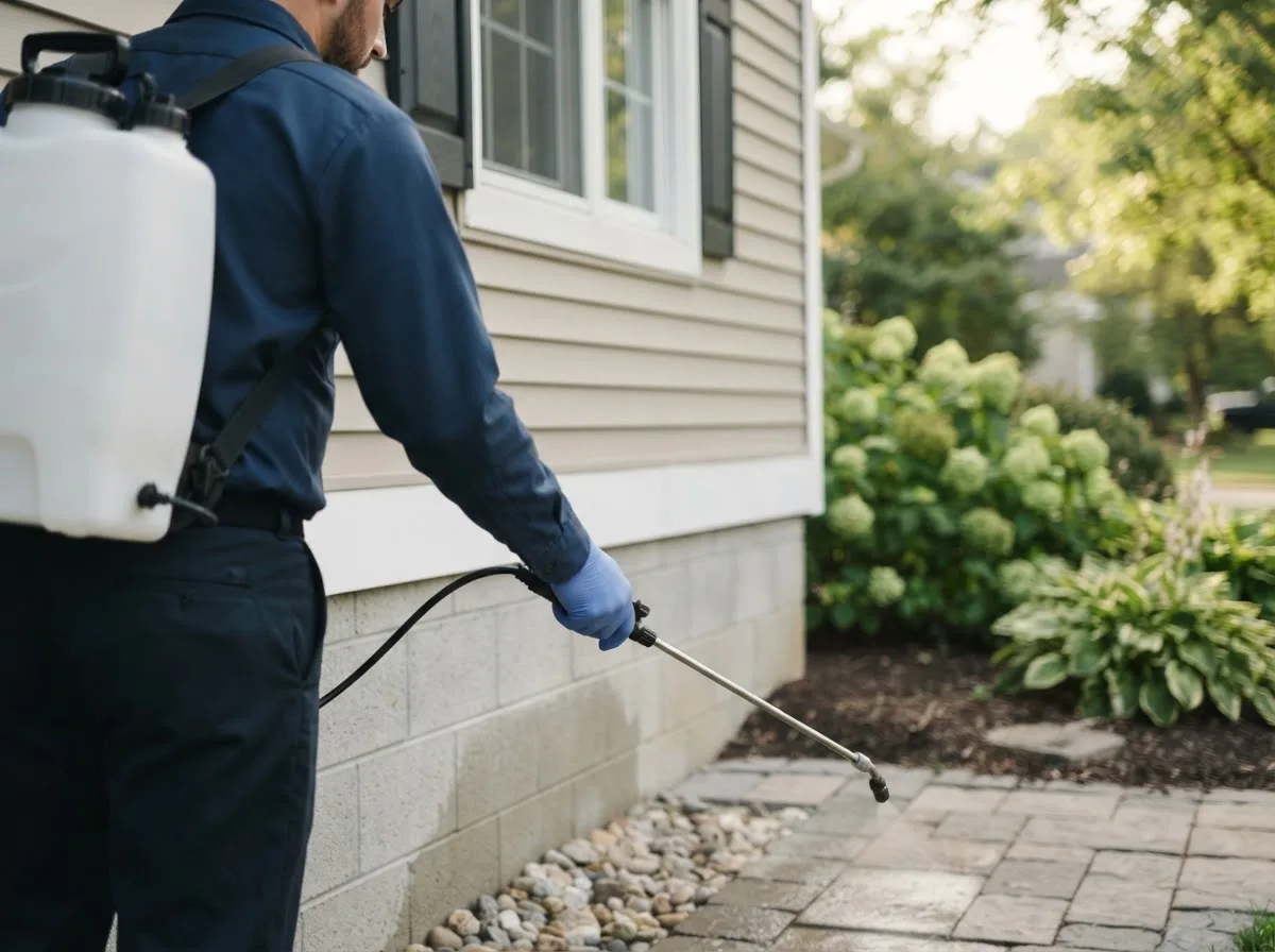 Pest control technician inspecting a home in Calypso, NC